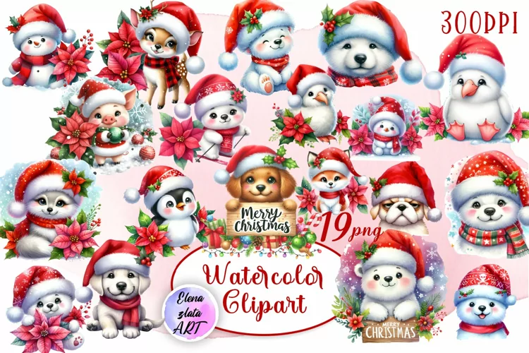 Watercolor Christmas Cute Animals clipart