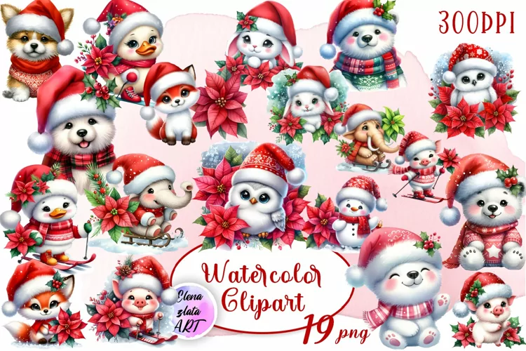 Watercolor Christmas Cute Animals clipart