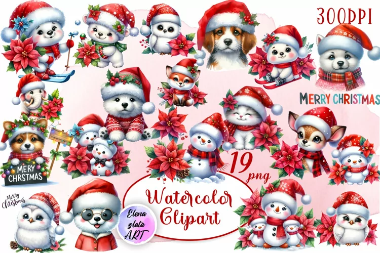 Watercolor Christmas Cute Animals clipart