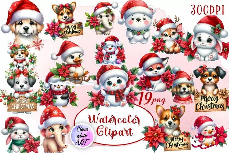 Watercolor Christmas Cute Animals clipart