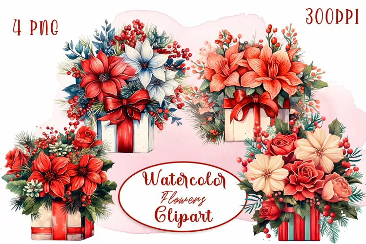 Watercolor Christmas decor clipart winter flowers