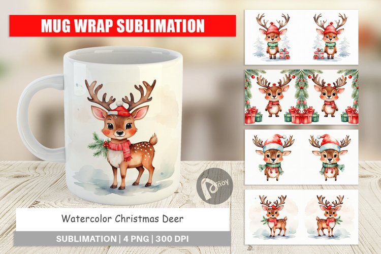Mug Wrap Design Watercolor Christmas Deer