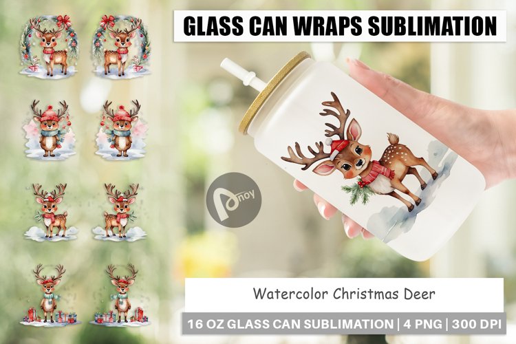 Glass Can Wraps Watercolor Christmas Deer