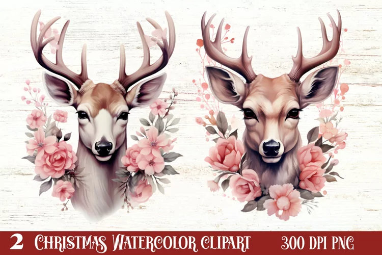 Watercolor Christmas Deer Head Clipart Sublimation