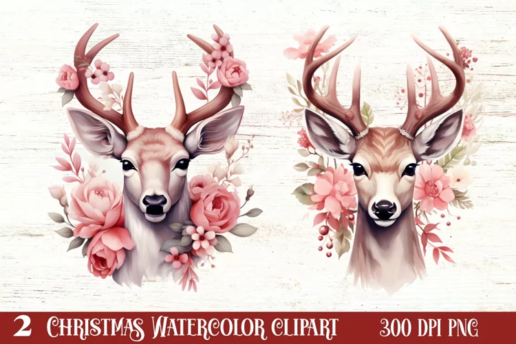 Watercolor Christmas Deer Head Clipart Sublimation
