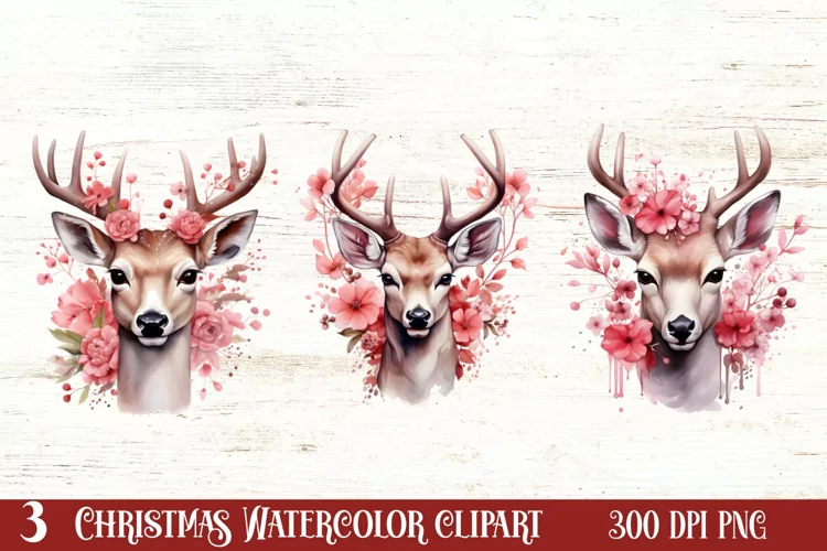Watercolor Christmas Deer Head Clipart Sublimation