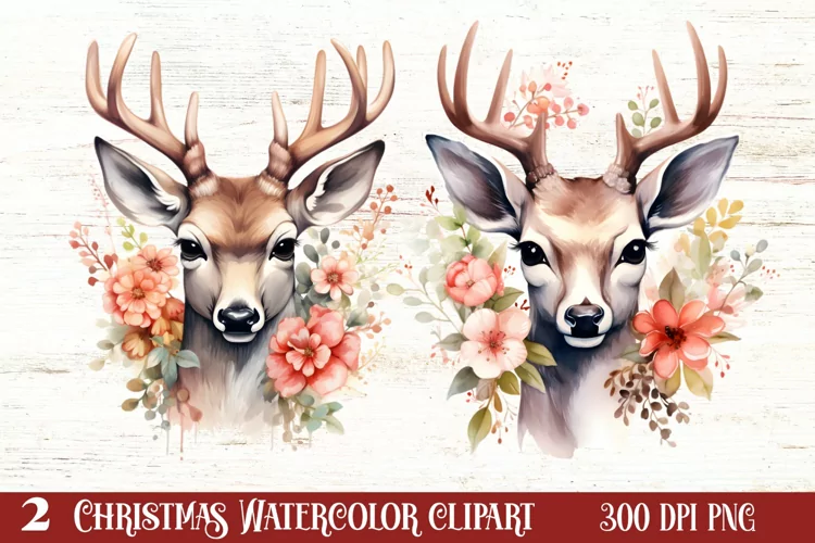 Watercolor Christmas Deer Head Clipart Sublimation
