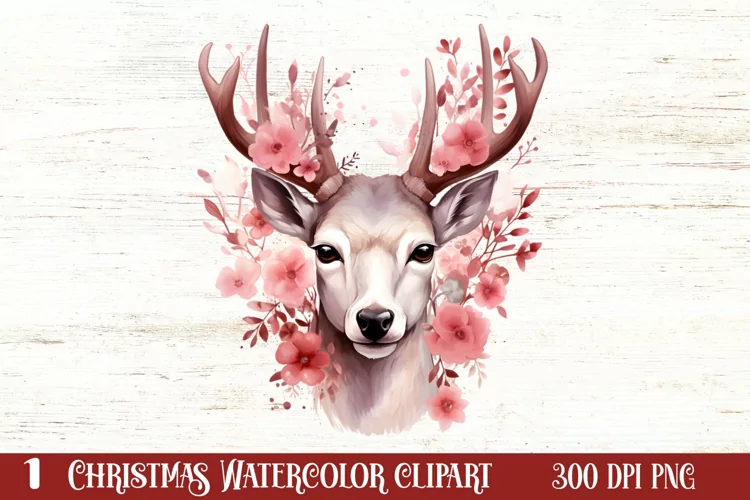 Watercolor Christmas Deer Head Clipart Sublimation
