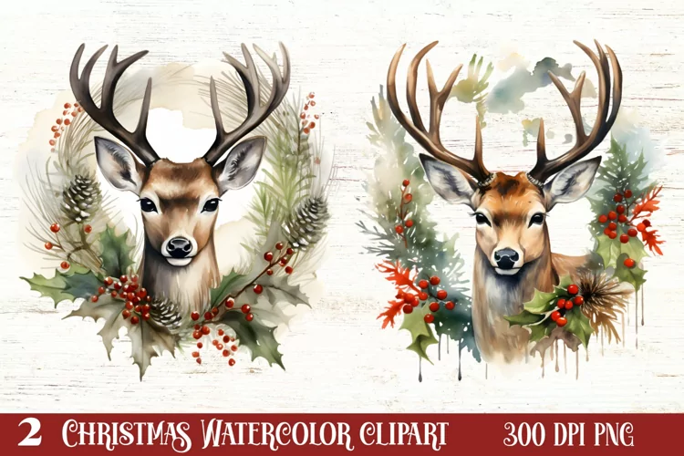 Watercolor Christmas Deer Head Clipart Sublimation