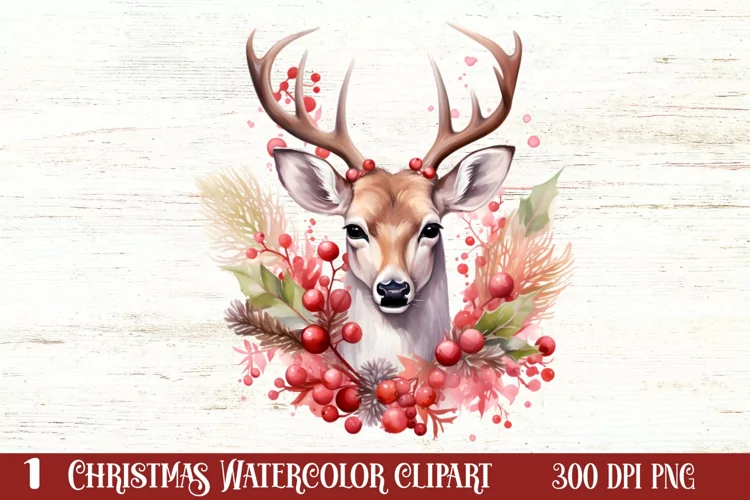 Watercolor Christmas Deer Head Clipart Sublimation