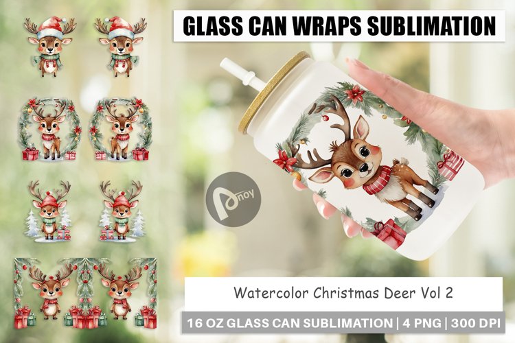Glass Can Wraps Watercolor Christmas Deer
