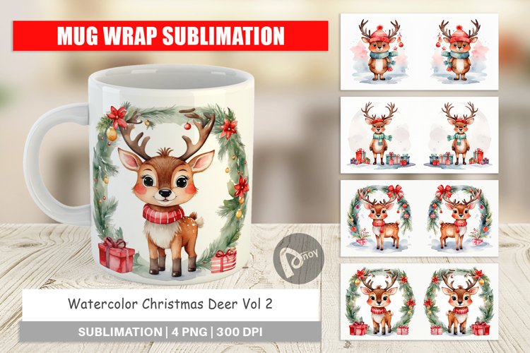 Mug Wrap Design Watercolor Christmas Deer