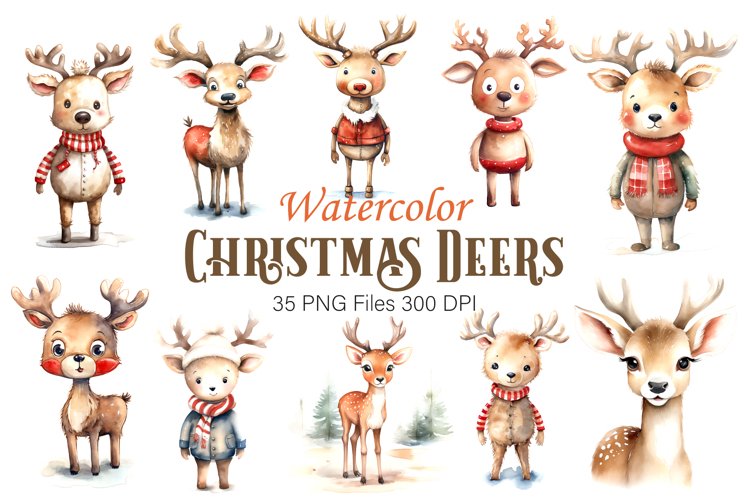 Watercolor Christmas Deer. Clipart Bundle. example image 1