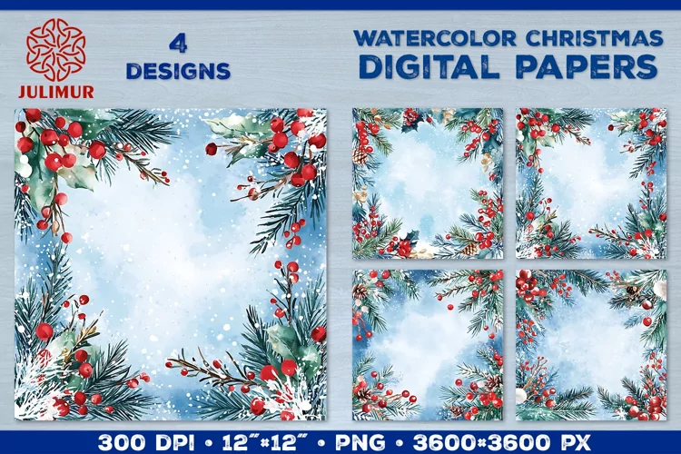 Watercolor Winter Christmas Decoration Digital Paper