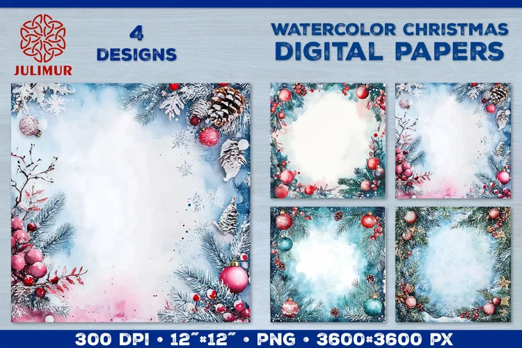 Watercolor Winter Christmas Decoration Digital Paper