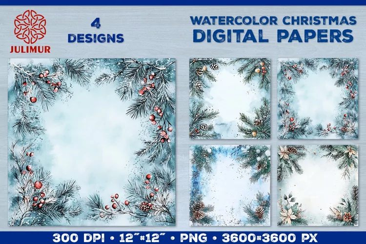 Watercolor Winter Christmas Decoration Digital Paper