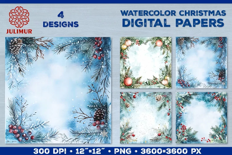 Watercolor Winter Christmas Decoration Digital Paper