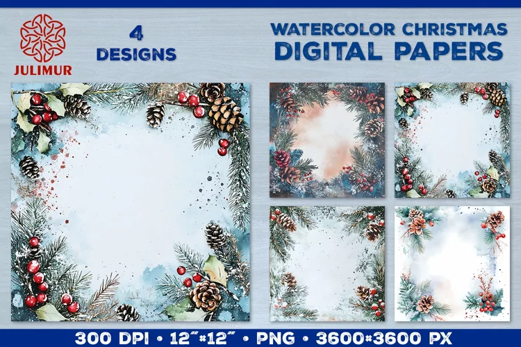 Watercolor Winter Christmas Decoration Digital Paper