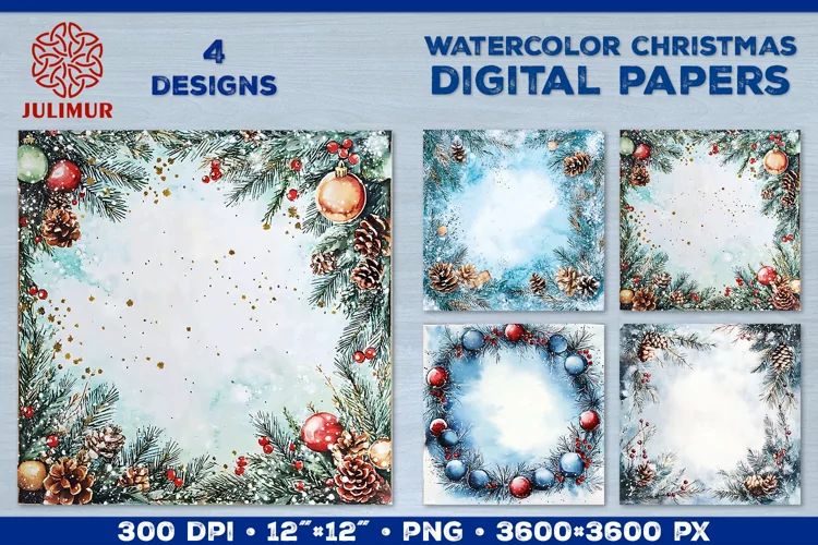 Watercolor Winter Christmas Decoration Digital Paper