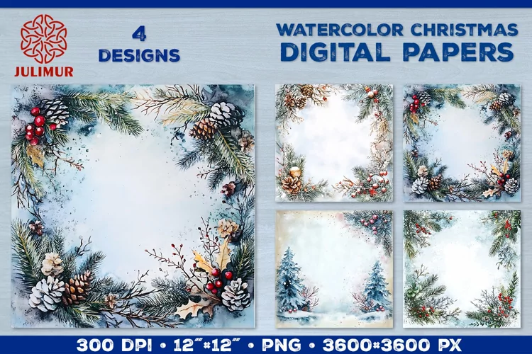 Watercolor Winter Christmas Decoration Digital Paper