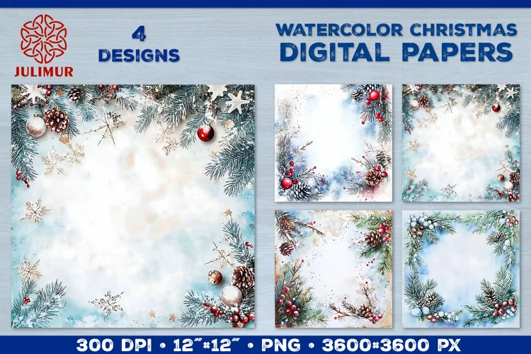 Watercolor Winter Christmas Decoration Digital Paper