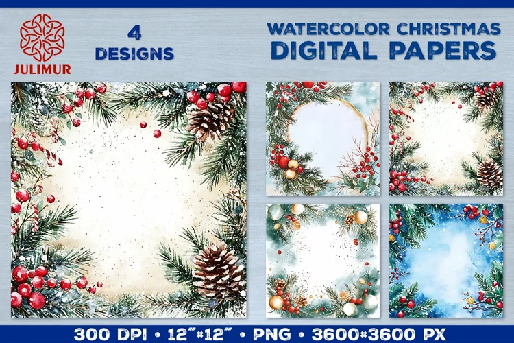 Watercolor Winter Christmas Decoration Digital Paper