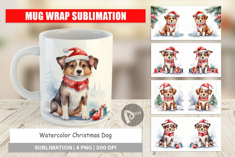 Mug Wrap Design Watercolor Christmas Dog