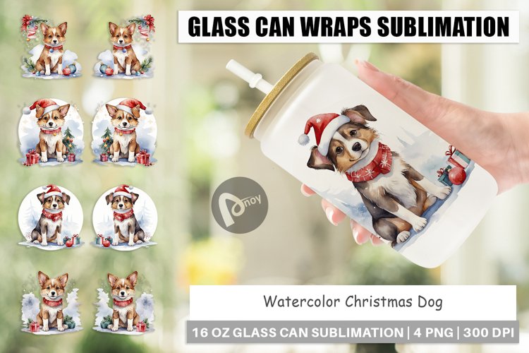 Glass Can Wraps Watercolor Christmas Dog