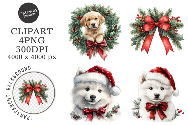 Watercolor Christmas Dog Clipart example image 1
