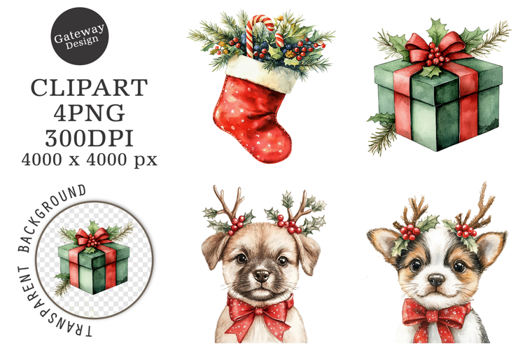 Watercolor Christmas Dog Clipart
