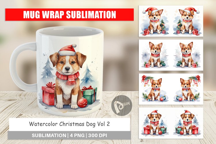 Mug Wrap Design Watercolor Christmas Dog