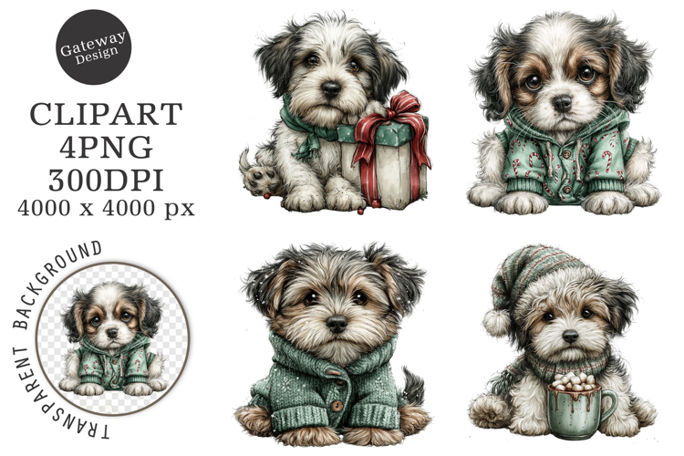 Watercolor Christmas Dogs Clipart