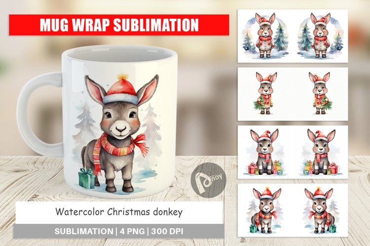 Mug Wrap Design Watercolor Christmas donkey