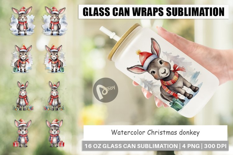 Glass Can Wraps Watercolor Christmas donkey