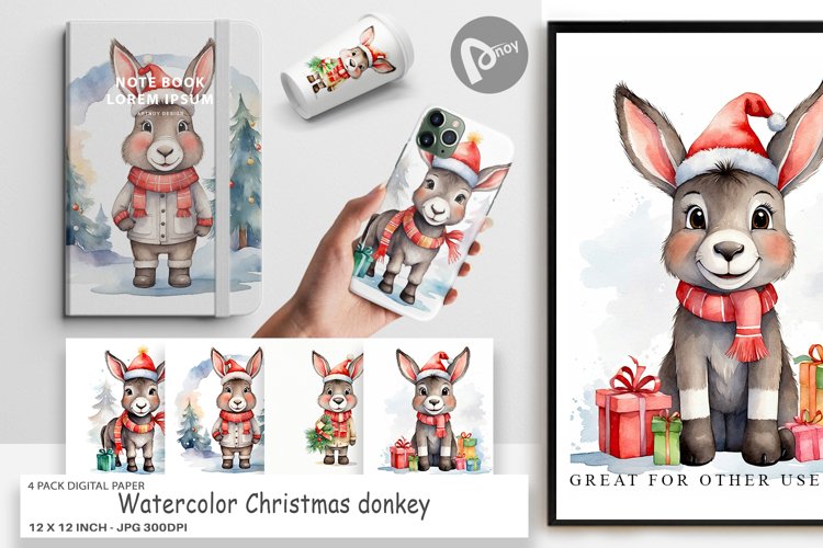 Digital Paper Watercolor Christmas donkey