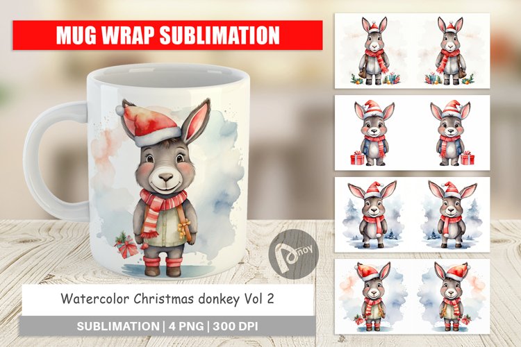 Mug Wrap Design Watercolor Christmas donkey