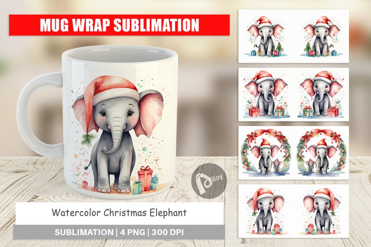 Mug Wrap Design Watercolor Christmas Elephant