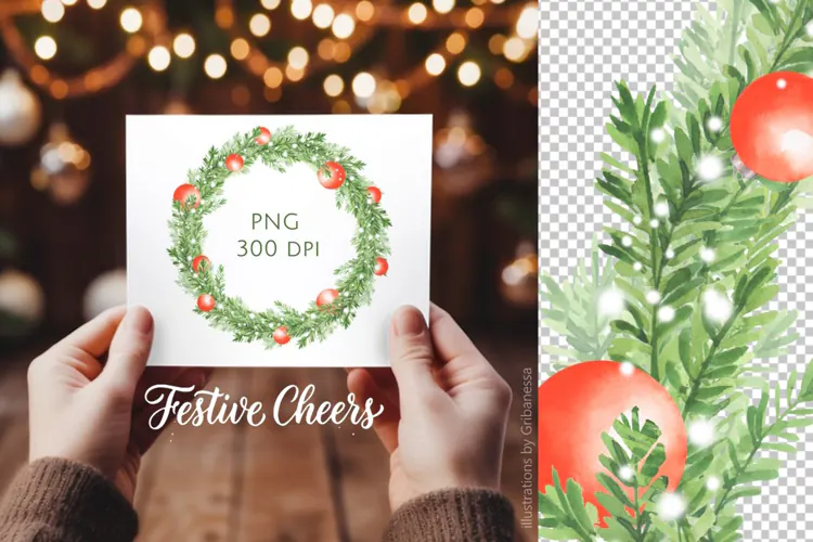 Watercolor Christmas Evergreen Wreath PNG