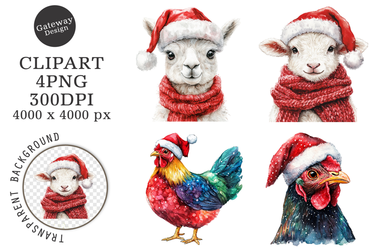 Watercolor Christmas Farm Animals Clipart