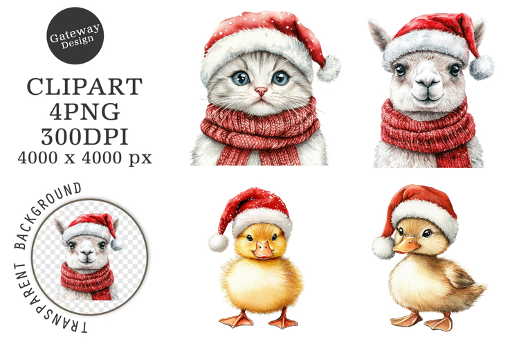 Watercolor Christmas Farm Animals Clipart