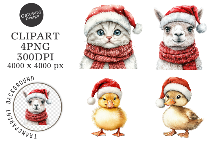 Watercolor Christmas Farm Animals Clipart