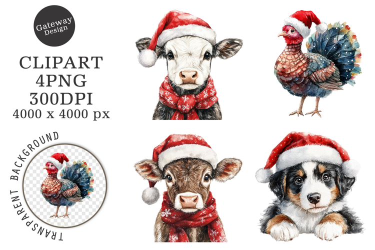 Watercolor Christmas Farm Animals Clipart