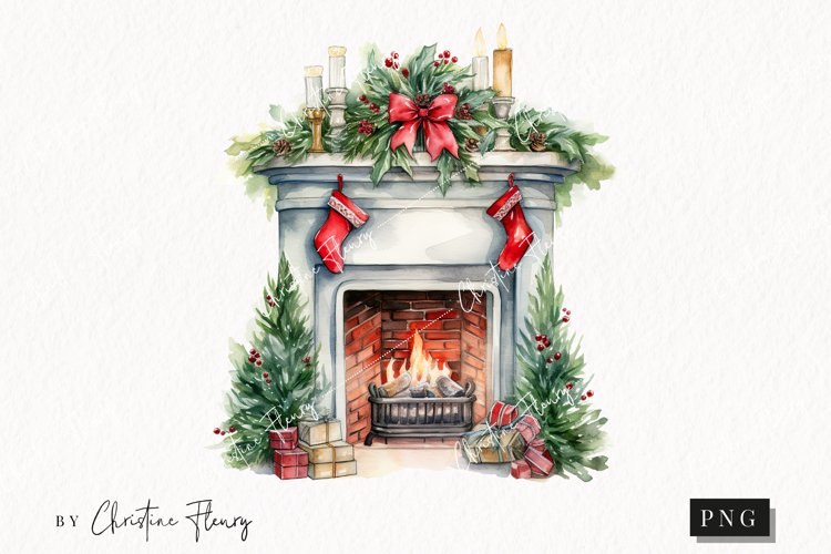 Watercolor Christmas Fireplace Clipart | Christmas Clipart example image 1