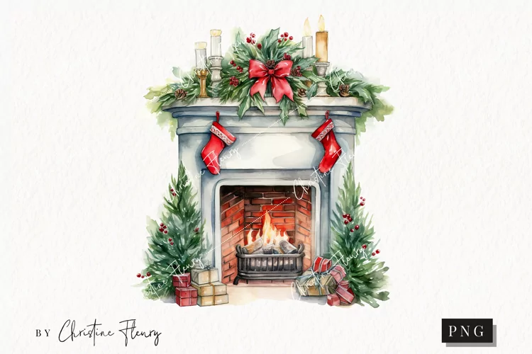 Watercolor Christmas Fireplace Clipart | Christmas Clipart