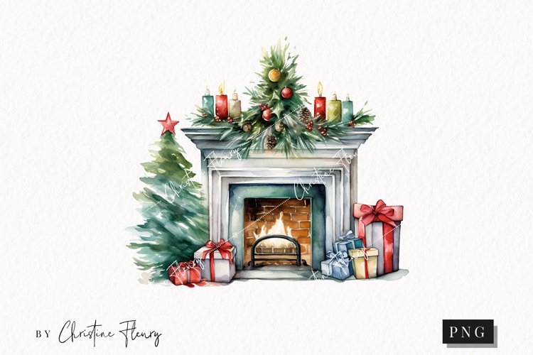 Watercolor Christmas Fireplace Clipart | Christmas Clipart