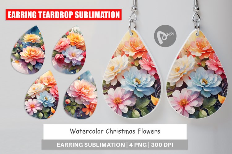 Earring teardrop sublimation design Christmas Flowers example image 1