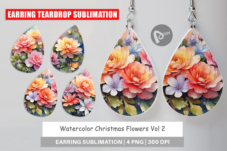 Earring teardrop sublimation design Christmas Flowers example image 1