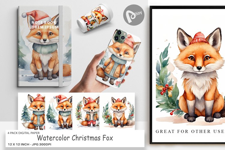Digital Paper Watercolor Christmas Fox