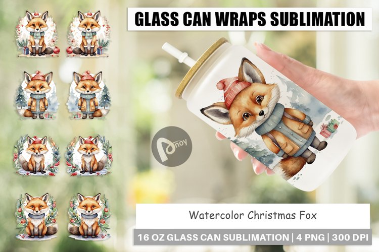 Glass Can Wraps Watercolor Christmas Fox