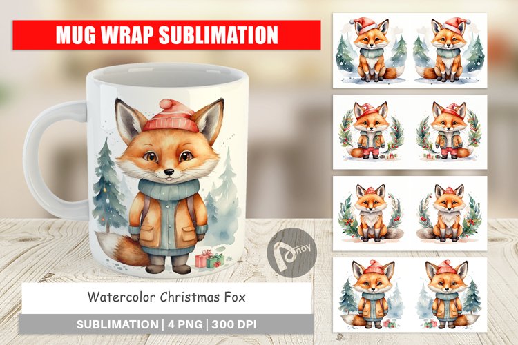 Mug Wrap Design Watercolor Christmas Fox